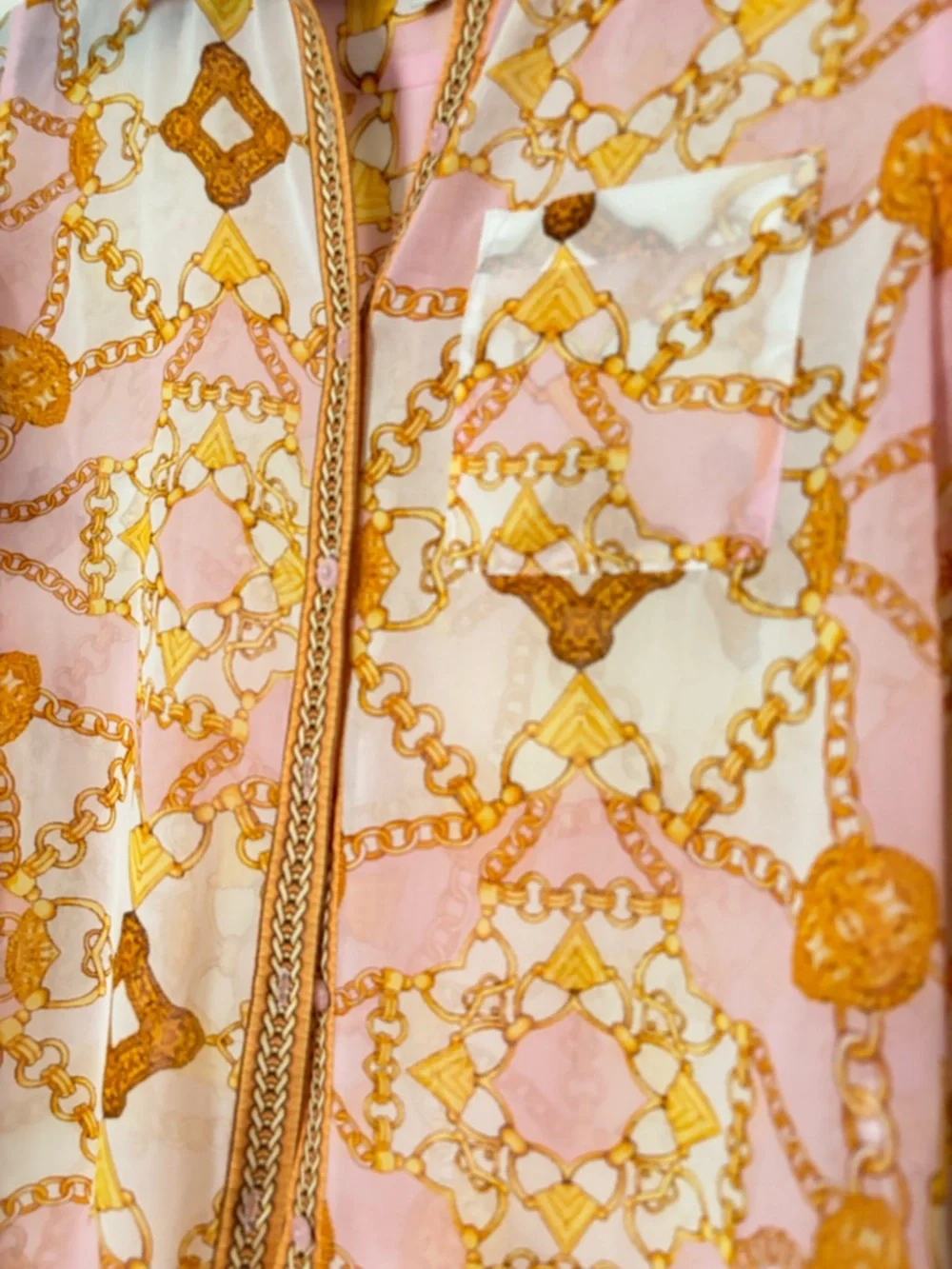 Guess women's Madyson long sleeves shirt pink and gold chain print size XS/S - Picture 3 of 9